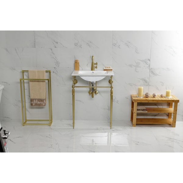 24Inch Console Sink With Brass Legs Single Hole, WhiteBrushed Brass